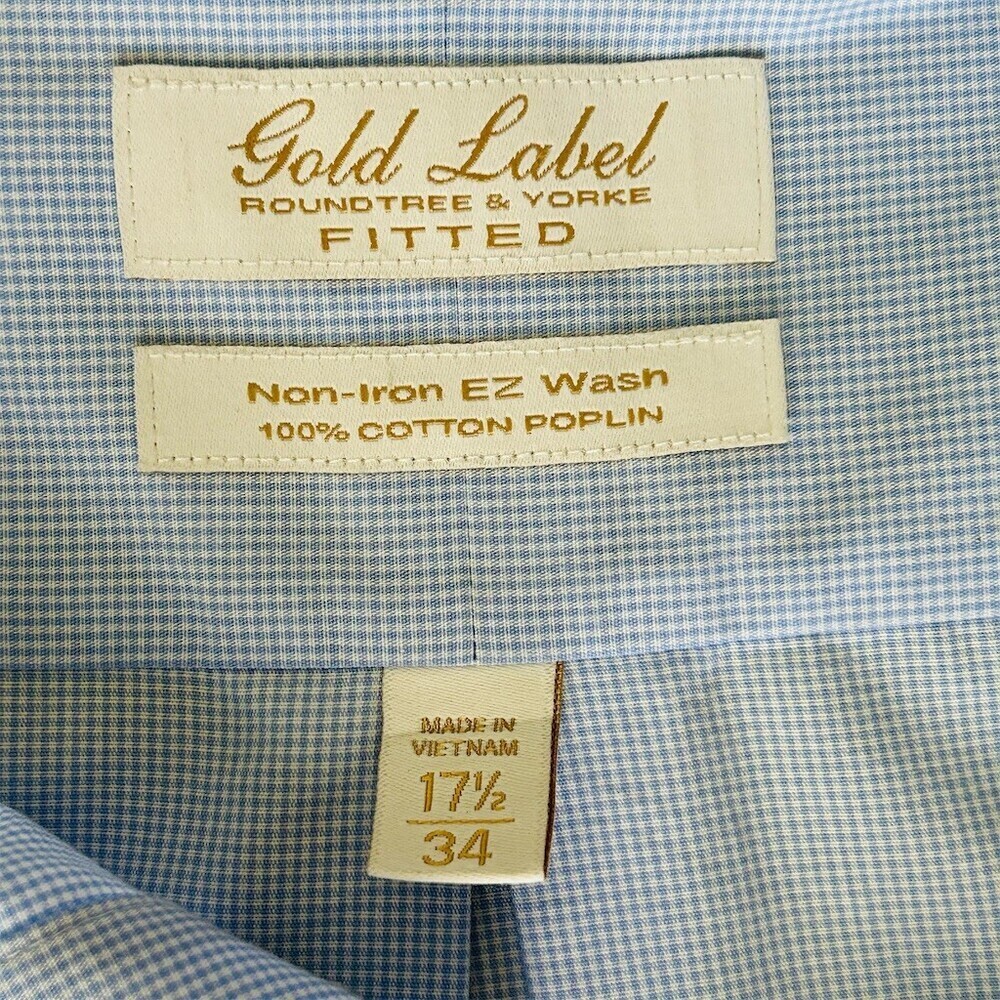 Roundtree & Yorke Dress Shirt Mens 17.5 34/35 Blue Micro Check Slim Fit - Picture 5 of 15